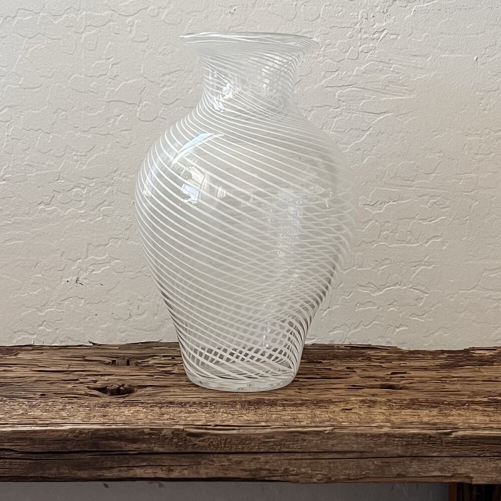 Hand Blown Italian Mezza Filigrana Murano Glass Vase 10.5" Tall MCM Minimalist
